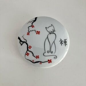 Au Cabanon white & red porcelain trinket box cat & cherry blossom signed France